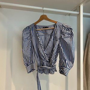 Zara blue and white striped belted blouse